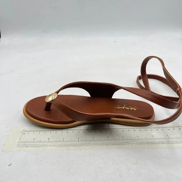 XYD Brown Open Toe Metal Gold Hardware Flip Flops Ankle Wrap Lace-up Flat Sandal - Picture 2 of 8